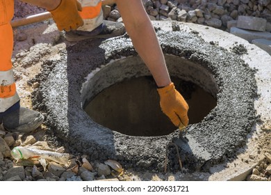 Construction Of Septic Tank Sewer Manhole Sewage Reconstruction Project By Utility Worker