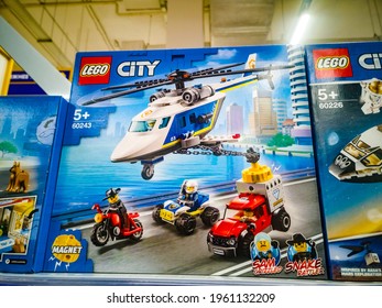 Construction Set LEGO City Police Police Helicopter Chase 60243 In The Hypermarket For Sale On 11.04. 2021 In Russia, Kazan, St. Pavlyukhina 91.