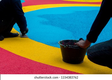 Construction Side Work. Making A Playground With The Rubber Beads -[EPDM]. Running Track.