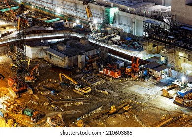 Construction Site Aerial Shot At Night