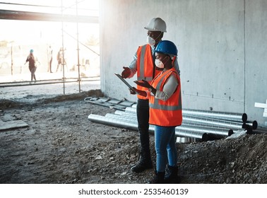 Construction site, architecture and black people with checklist for discussion, maintenance and inspection. Engineering, teamwork and manager with face mask for safety, clipboard and building plan - Powered by Shutterstock