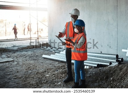 Construction site, architecture and black people with checklist for discussion, maintenance and inspection. Engineering, teamwork and manager with face mask for safety, clipboard and building plan