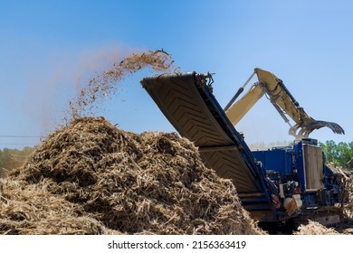 Construction site area in crane loading roots wood to chipper shredder machine chopped wooding - Shutterstock ID 2156363419
