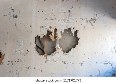 Construction Site, Broken Bricks And Wall, Iron Bars