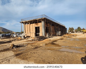 Construction Site With Building Under Development in a Rural Setting

