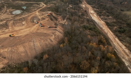 Construction Site In A City Vacant Lot. Photographed In Cloudy Weather. Aerial Photography.