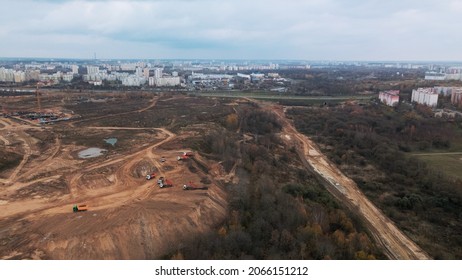 Construction Site In A City Vacant Lot. Photographed In Cloudy Weather. Aerial Photography.