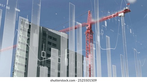 Construction site with crane and building, financial data processing image over it. architecture, development, finance, progress, technology, business - Powered by Shutterstock