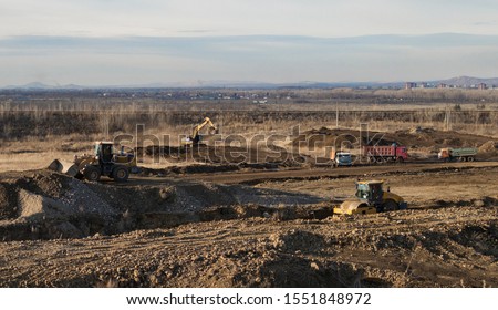 Construction site, earthworks, top view. Construction engineering. Ust-Kamenogorsk (Kazakhstan)