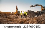 Construction Site With Excavators on Sunny Day: Diverse Team Of Male And Female Real Estate Developers Discussing Project. Engineer, Architect, Investor Talking About Apartment Building, Using Tablet