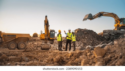 Construction Site With Excavators on Sunny Day: Diverse Team Of Male And Female Real Estate Developers Discussing Project. Engineer, Architect, Investor Talking About Apartment Building, Using Tablet - Powered by Shutterstock