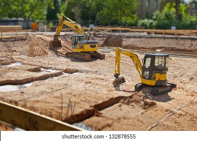 Construction Site Foundation With Excavator