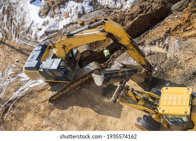 Construction Site A Huge Trench, Ditch For Drainage Canal Utility Pipe Pipeline Installation For Stormwater System