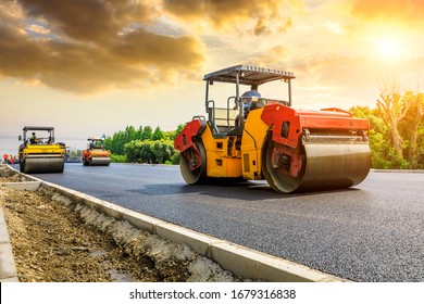 Construction site is laying new asphalt road pavement road construction workers   road construction machinery scene highway construction site landscape 