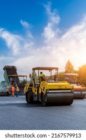 Construction site is laying new asphalt pavement  road construction workers   road construction machinery scene  Highway construction site scene in China 