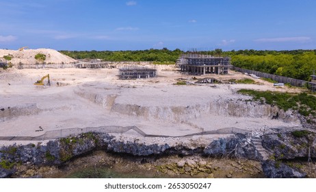 the construction site of a luxury complex, 5 stars, on the shore of a tropical island
