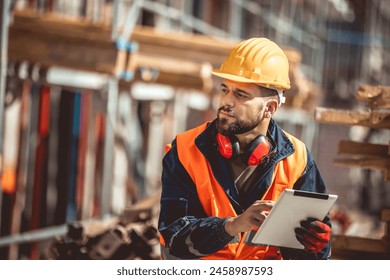 Construction site manager standing  wearing safety vest and helmet,using his tablet at construction site. - Powered by Shutterstock