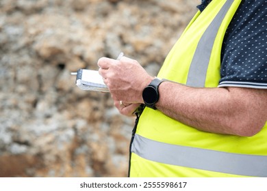 Construction site manager taking notes while observing site progress onconstruction site