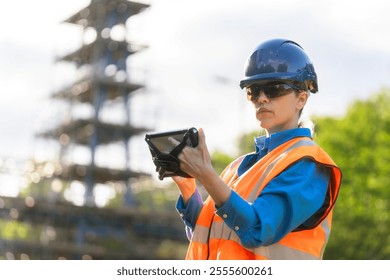 Construction site manager using a tablet to monitor progress during daytime in a busy project environment - Powered by Shutterstock - Get 15% off with code: PIKWIZARD15