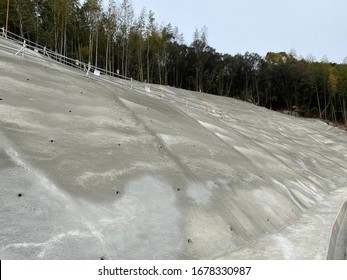 Construction Site For Mountain Slope Protection In Japan.