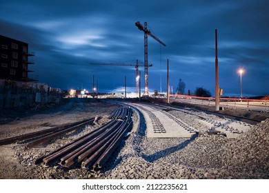 Construction site of railroad track. Building of new tram connection in city.