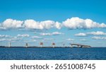 The construction site of the sea bridge between Oulunsalo (Oulu) and Hailuoto Island. Finland.