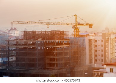 Construction site with the sunrise in the morning.