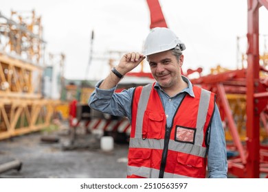 Construction site supervisor or project manager wearing a white hard hat and safety vest smiles confidently at the factory for assembly tower crane. - Powered by Shutterstock