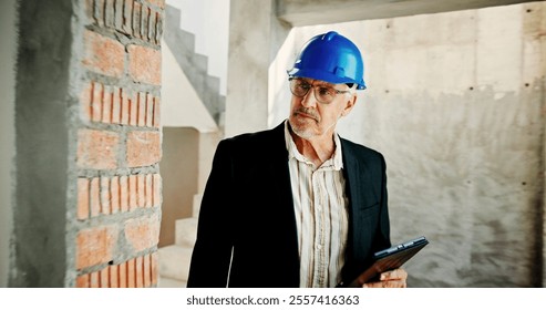 Construction site, thinking and man with tablet, inspection and network with online schedule. Mature person, architecture and employee with hard hat, technology and solution with quality control