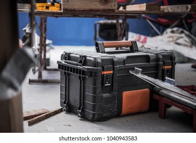 Construction Site Tools Box Closeup. Apartment Remodeling Theme.