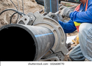 Construction Site Water Supply Project At Working For Welding The Connecting Of HDPE Pipe 