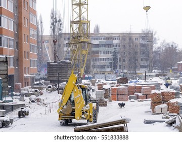 A Construction Site In Winter Snowstorm And Cold Weather