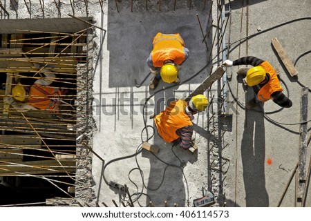Construction site workers - aerial - Top View