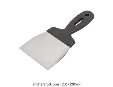 Construction spatula with dark handle isolated on white background. Construction tool, construction tool, putty spatula, Putty knife, sealant spatula.