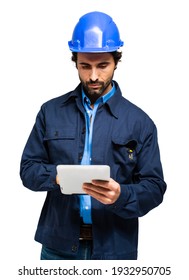 Construction specialist using a tablet computer