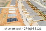 Construction staging pads, foundation work Highpointe, US-377, Blackjack Rd, trenching, plumbing lines, moisture barriers lots. Rebar grids, dark sheeting, graded soil, early build, Aubrey, TX. USA