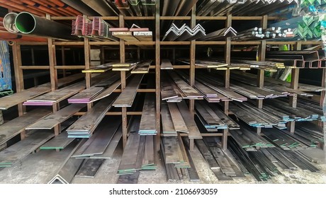 Construction Steel Box, Steel Material In The Construction Work Site. Lighting And Flare Added