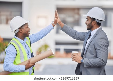 Construction, success and men with a high five for architecture, motivation and partnership. Collaboration, happy and architects with a hand gesture for solidarity, support and building on site