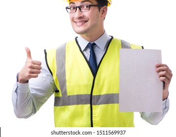 Construction supervisor with blank sheet isolated on white backg