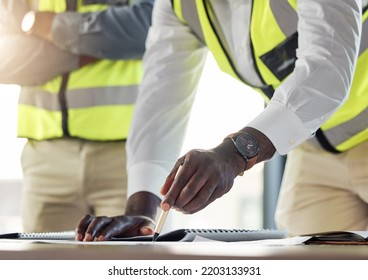 Construction Team, Architect Show Plan Or Blueprint To Worker, For Work On Building Or Development. Black Contractor Or Engineer, With Safety Clothing Planning New Design Or Architecture Sketch