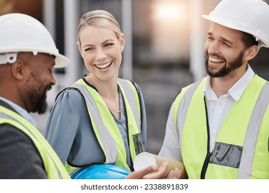 Construction team, communication and laugh with teamwork and builder collaboration. Building engineer, management or maintenance work of contractor group with funny joke on job site with conversation