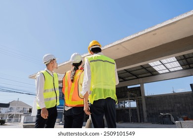 Construction Team Evaluating Building Progress on Site. Inspection and Planning