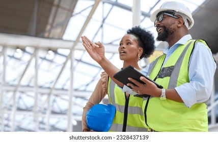 Construction team, tablet and inspection planning from engineer staff at job site. Collaboration, architect worker and communication together with building and industrial project with conversation - Powered by Shutterstock