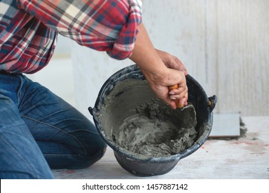 Construction Technicians Working With Cement Paving, Cement Mix With The Trowel At The Side Work, Construction Side Work