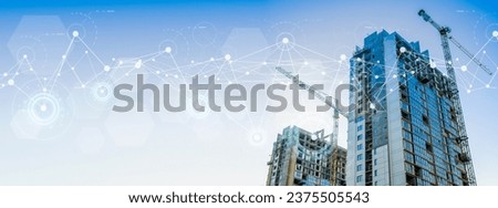 Construction technology banner background. Construction site with cranes, fittings and concrete.