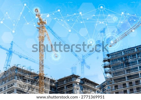 Construction technology banner background. Construction site with cranes, fittings and concrete.