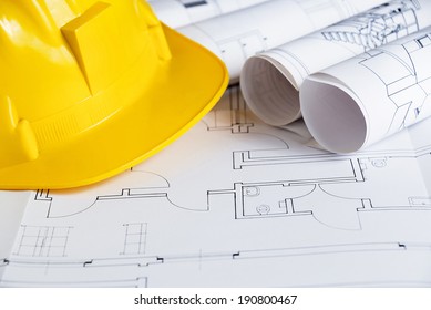 Construction Theme With Blueprints And Safety Helmet