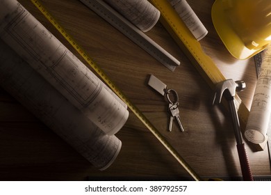 construction theme, tools, blueprints, construction level, keys, hard hat