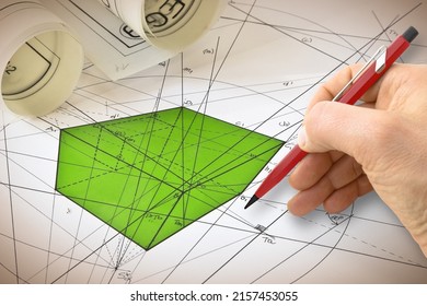 Construction of three-dimensional polygons according to the rules of descriptive geometry. - Shutterstock ID 2157453055