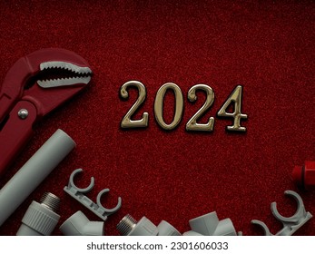 Construction tools on red background with 2024. Construction greeting card for New year or Christmas. Repair home. Gifts for lover. Buying presents for man. Installation of a water system.
